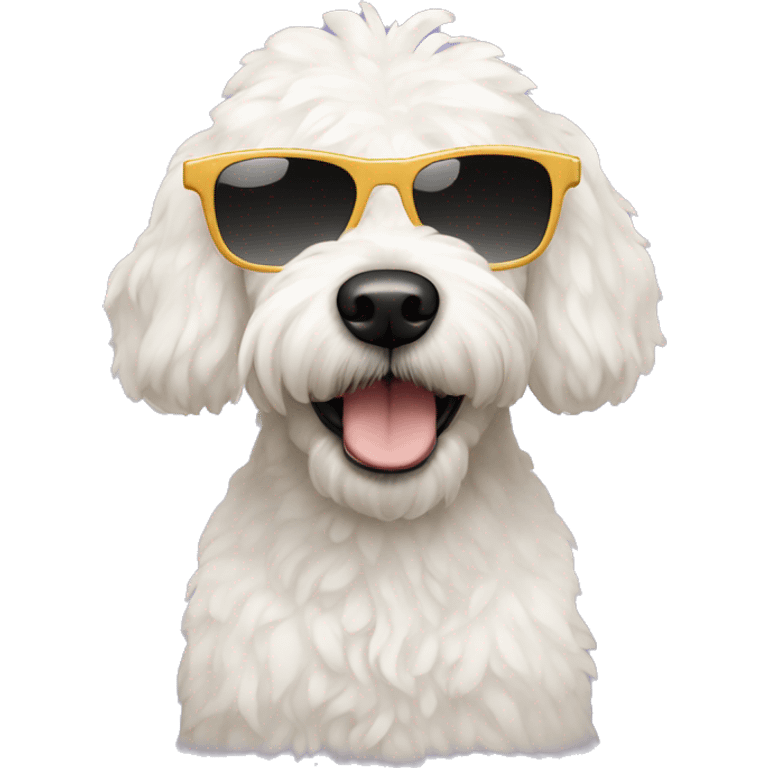 White mini golden doodle with sunglasses emoji