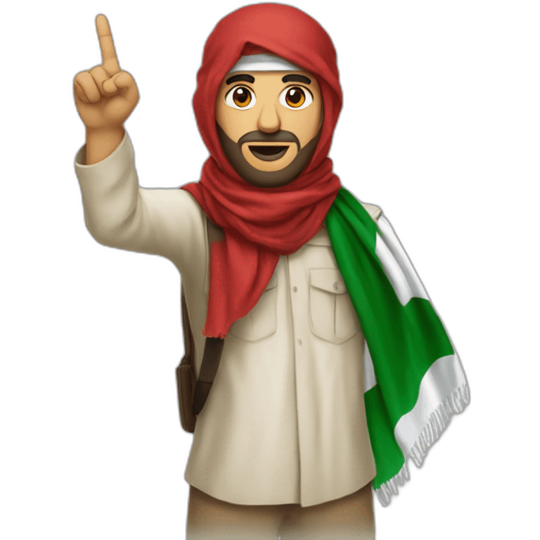 Palestinian Red Shemagh with the Palestinian scarf and his skin color is white and he raises his index finger  emoji