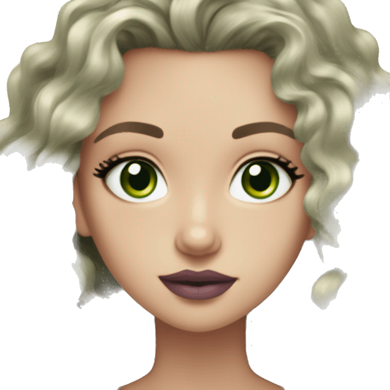 white girl, green eyes, black long curly/wavy hair, cute earrings, green v-neck top, mascara mauve lipstick emoji