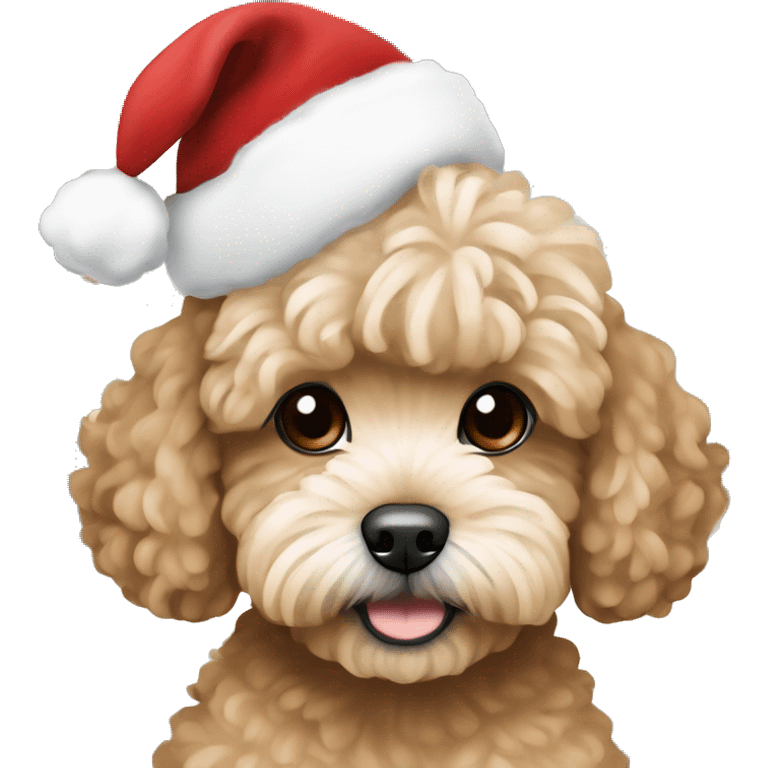 One Brown, beige colored Maltipoo with Christmas hat and Christmas tree Christmas lights in the background  emoji