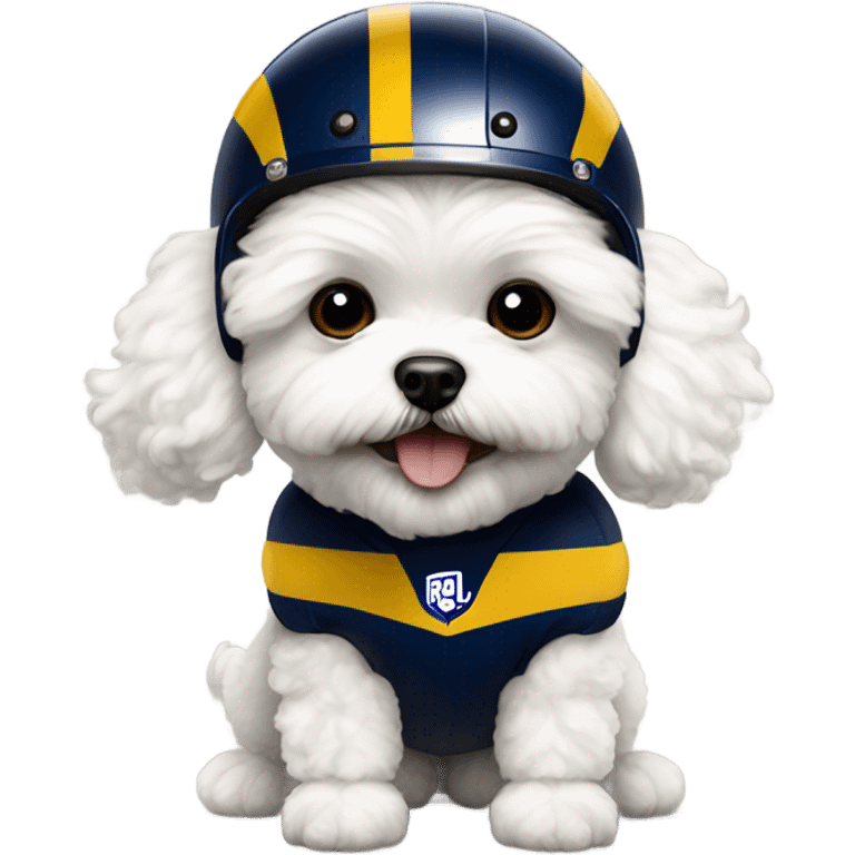 White fluffy maltipoo wearing LA Rams football helmet emoji