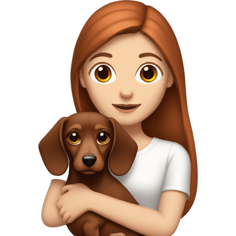 White girl with straight brown hair holding a red  and browndachshund  emoji