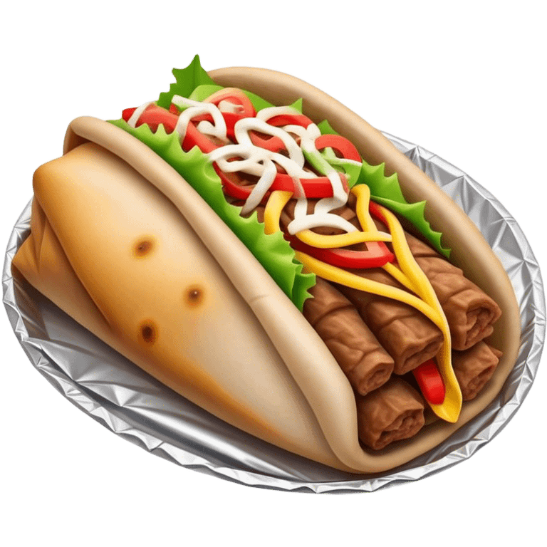 Doner Kebab Cinematic Realistic Doner Kebab Dish Emoji, depicted as iconic, spiced meat wrapped in foil and paper, rendered with lifelike textures and dynamic, appetizing lighting. emoji