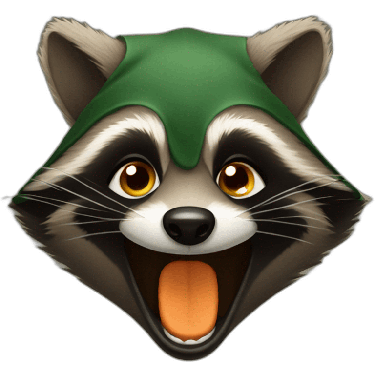 brown raccoon with orange eyes and a dark green hood that is laughing emoji