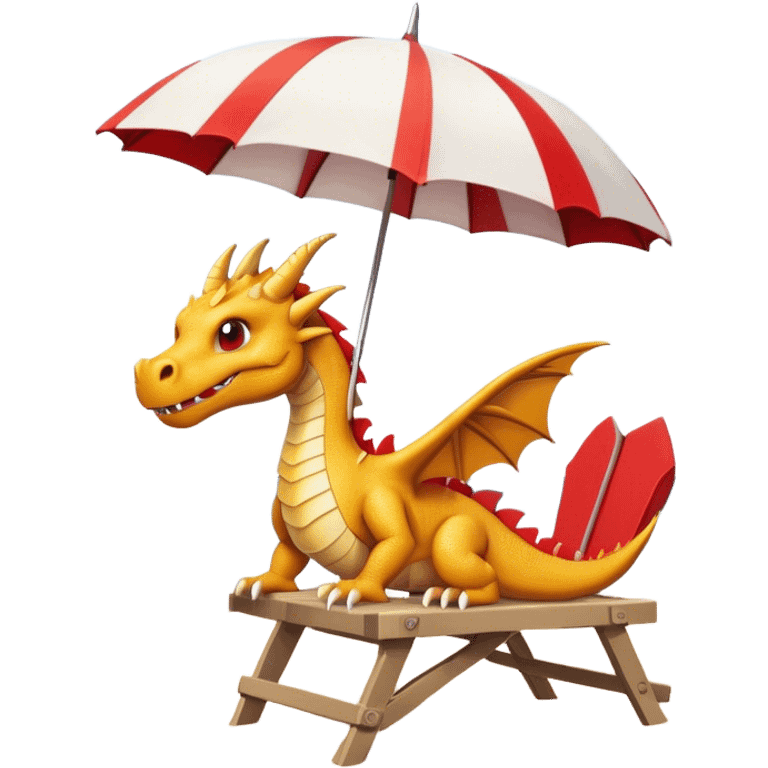 dragon in a white lifeguard t-shirts in a lifeguard stand with an umbrella over it on the beach and in a lifeguard stand  emoji