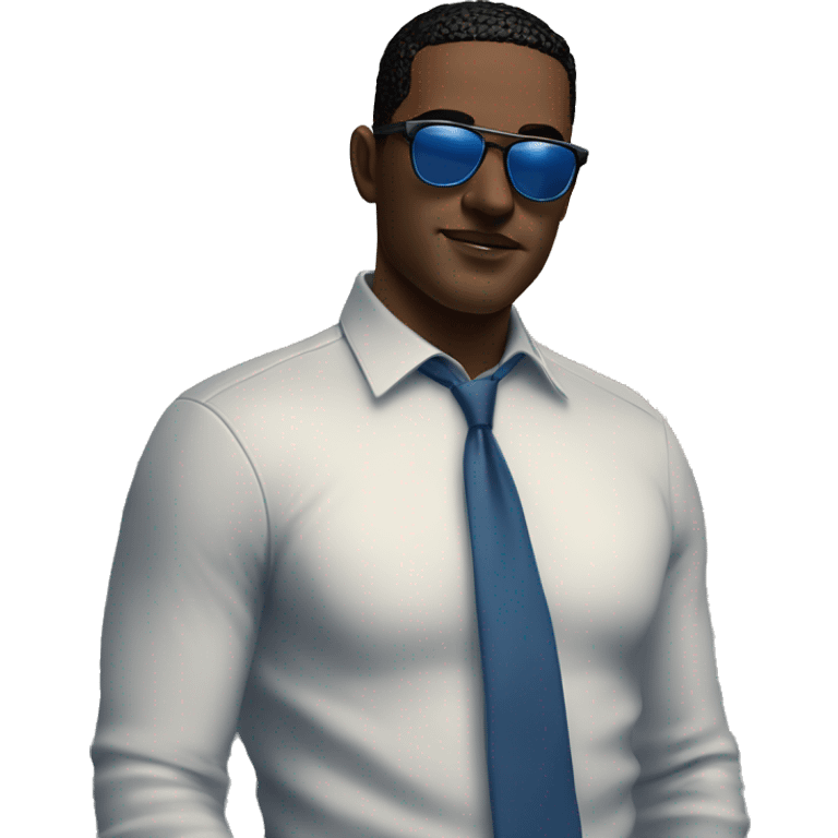 White Square face black hear, sharp features, clean-shaven, and a confident, relaxed expression. Wears a blue shirt and tie no jaket with sunglasses, standing casually by the water, giving off a stylish and modern vibe. With mostash and  emoji