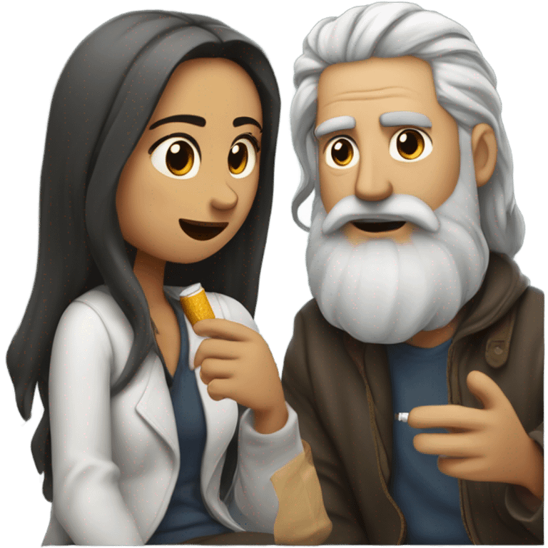 half white half mexican girl with long hair smoking a cigarette with a white guy homeless man with grey long hair and a beard as they chat emoji