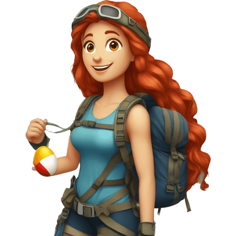 Greek flag background  Female mountain climber long red hair climbing with Greek flag on backpack and holding Easter eggs basket emoji