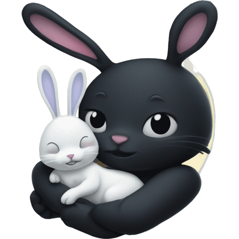 Black rabbit hugging white rabbit with moon behind them emoji