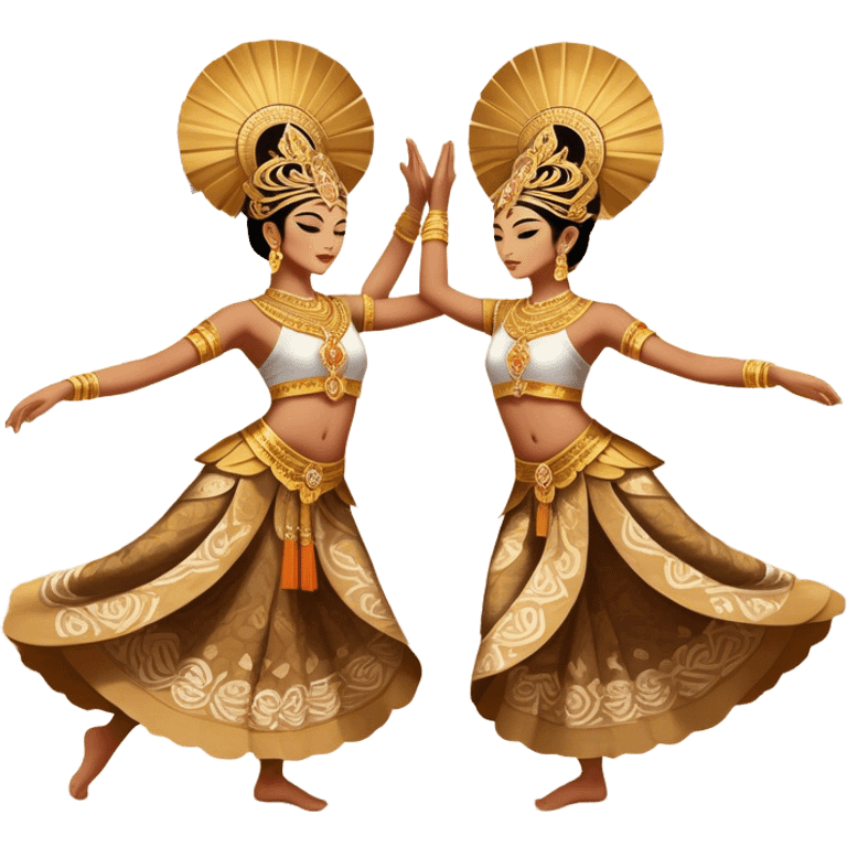 ​Cinematic Realistic Traditional Javanese Dancers, depicted as two graceful dancers in ornate traditional costumes with intricate batik patterns and elaborate headpieces, captured in dynamic poses during a ritual dance in an ancient temple courtyard, rendered with soft golden lighting and rich cultural textures, emoji