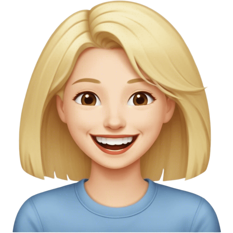 Woman with long blonde hair at the center laughing with a big group of friends with short hair emoji