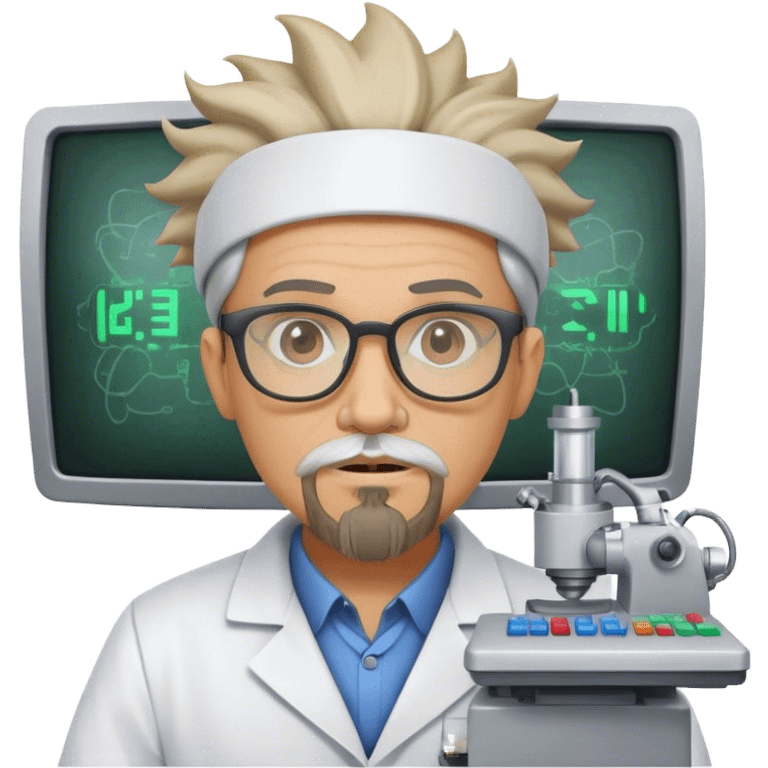 Mad scientist with a goatee and glasses named Omni with headgear on and a computer emoji