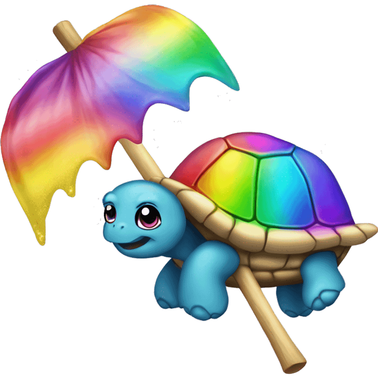 Kawaii rainbow chrome glittery turtle on witches broom emoji