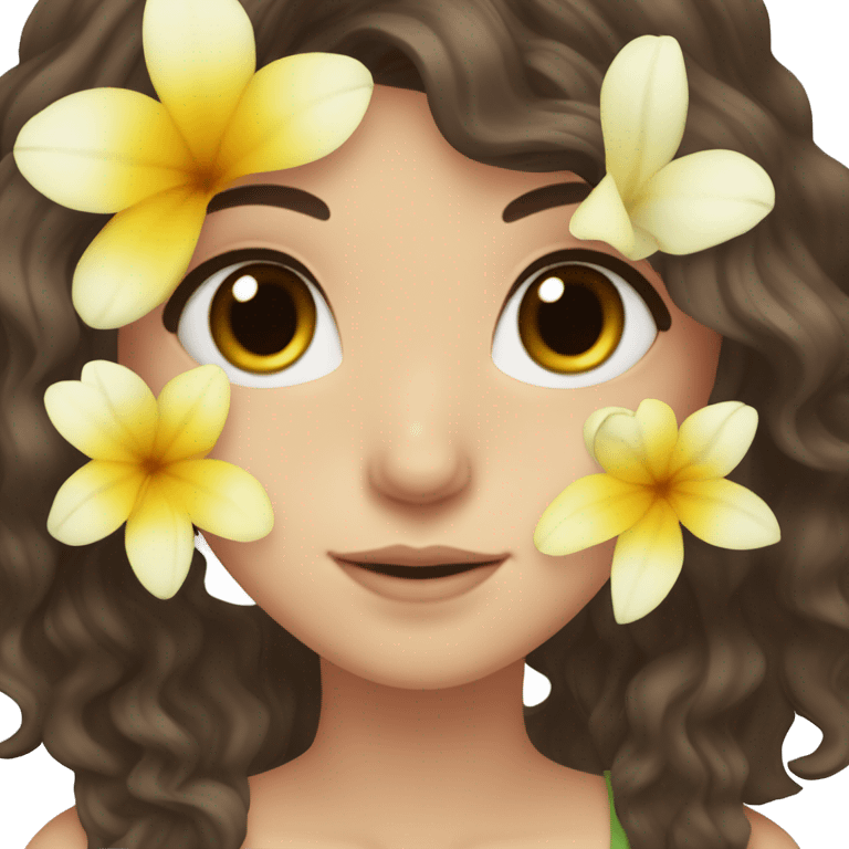 white girl, long dark brown wavy hair, and brown eyes,  with a flower emoji