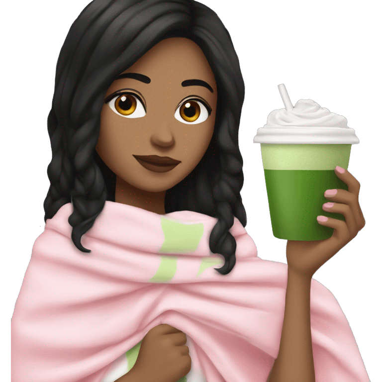 White girl with black hair holding matcha latte with pink blanket emoji