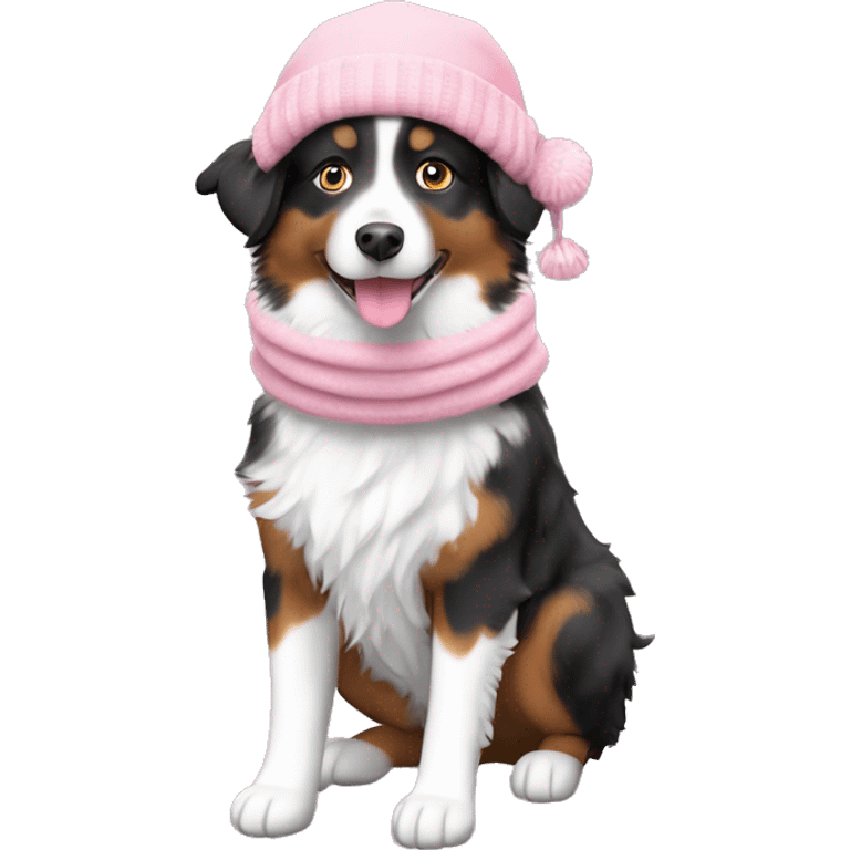 Mini Australian Shepherd with light pink snow gear including a scarf and a hat, and the mini Australian Shepherd should be black and white emoji