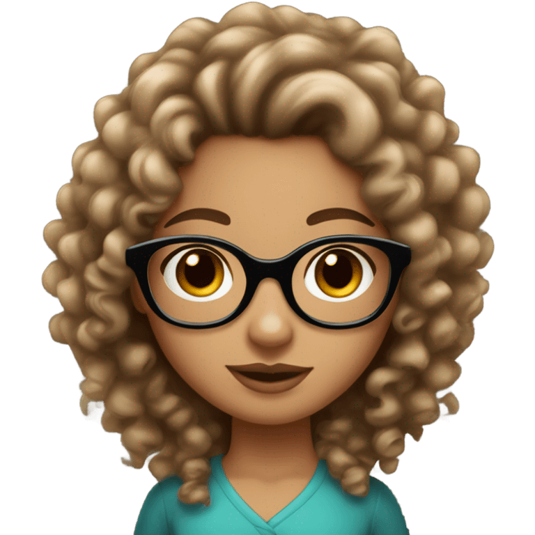 Curly brown haired girl bare volume in hair and brown eyes and leopard glasses emoji