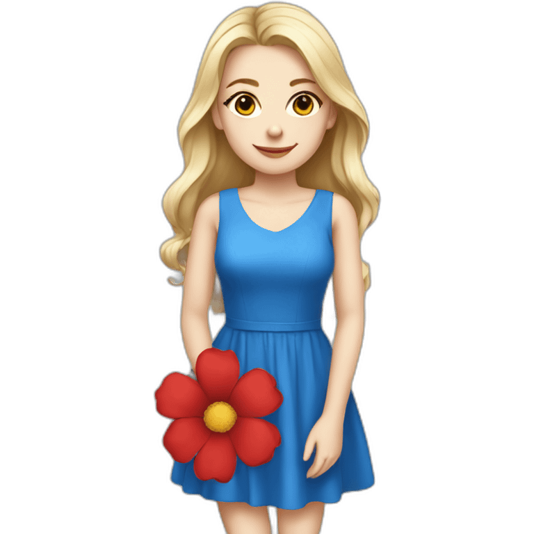 A beatiful white girl wear blue and red dress with flower emoji