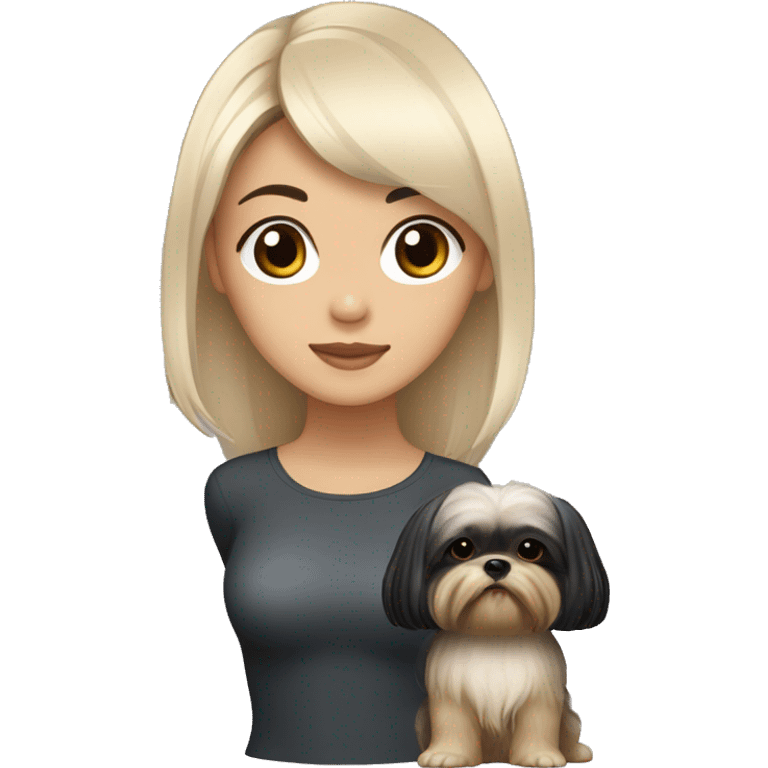 long black hair korean girl with her beige and black shih tzu yorkie. The dog has round face, short ears and has light distinct eyebrows  emoji