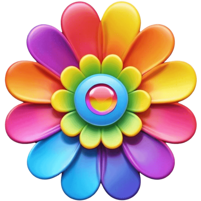 A round psychedelic colored button with bezeled edges and a rainbow colored 3D flower in the center emoji