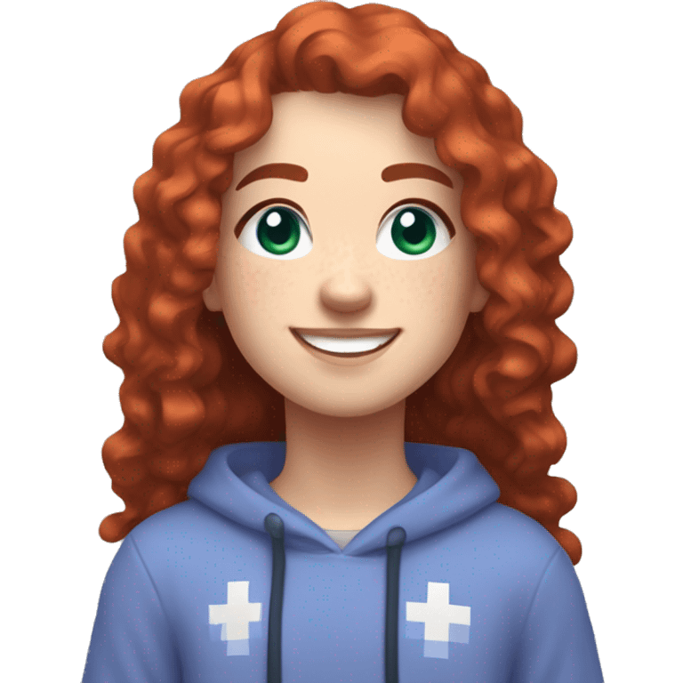 a white girl with long red curly hair and freckles, wearing periwinkle Minecraft hoodie playing a videogame smiling emoji