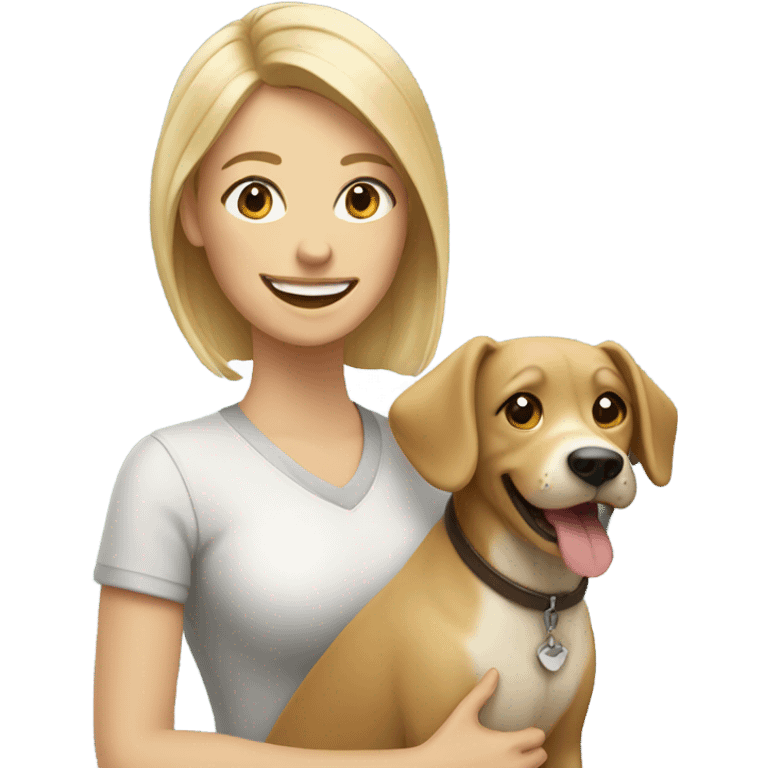 blonde woman smiling with dog emoji