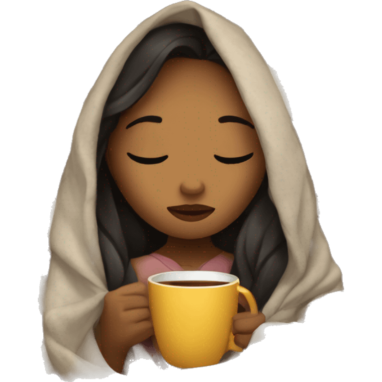 girl inside a blanket sipping coffee eyes closed emoji