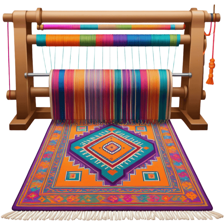 Carpet weaving icon, finished woven carpet with intricate patterns, colorful threads, weaving loom in background, minimalistic style, clean lines, transparent background. emoji