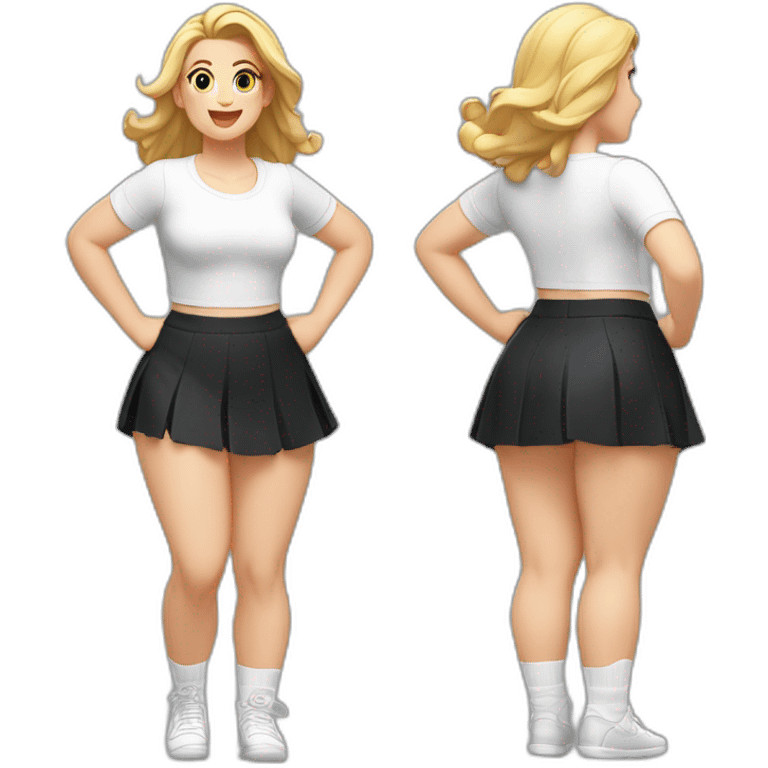 full-body-caucasian-curvy-beauty-jumping-short-black-skirt-back-and-front-views-strong-wind-white-knickers-long-white-socks emoji