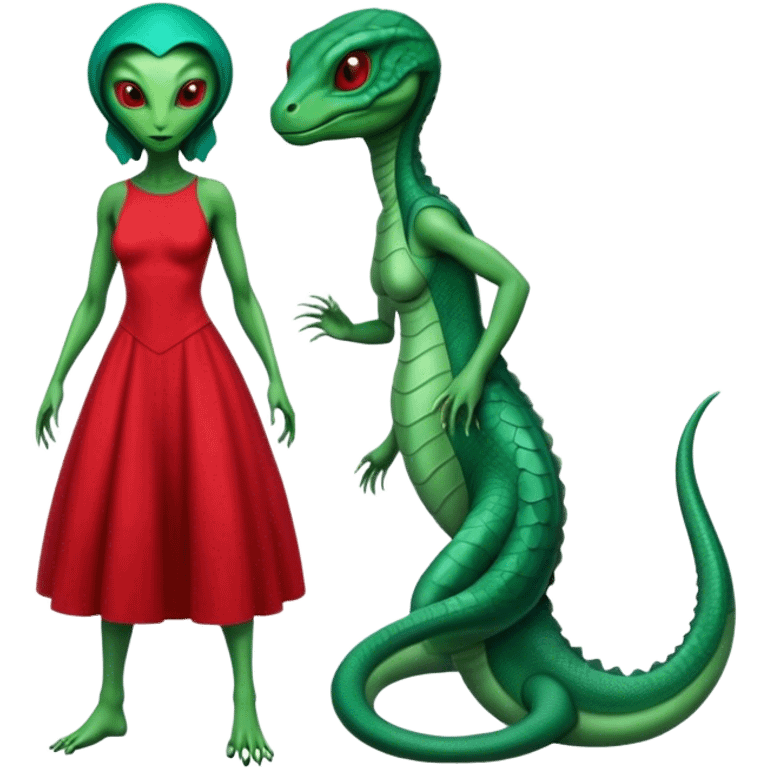 a reptilian alien woman full body, in red dress emoji