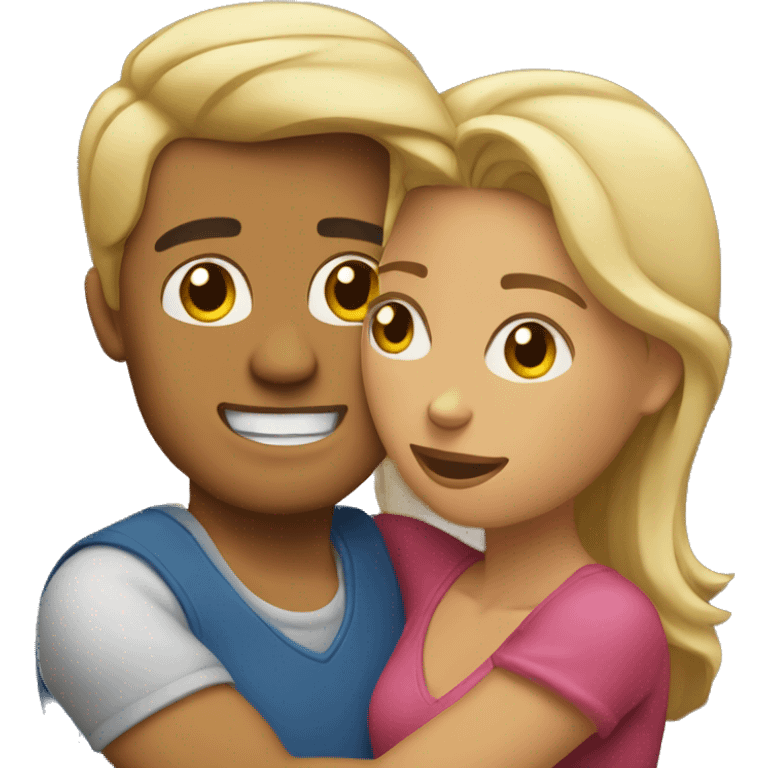 Blond man and hispanic woman hug each other emoji