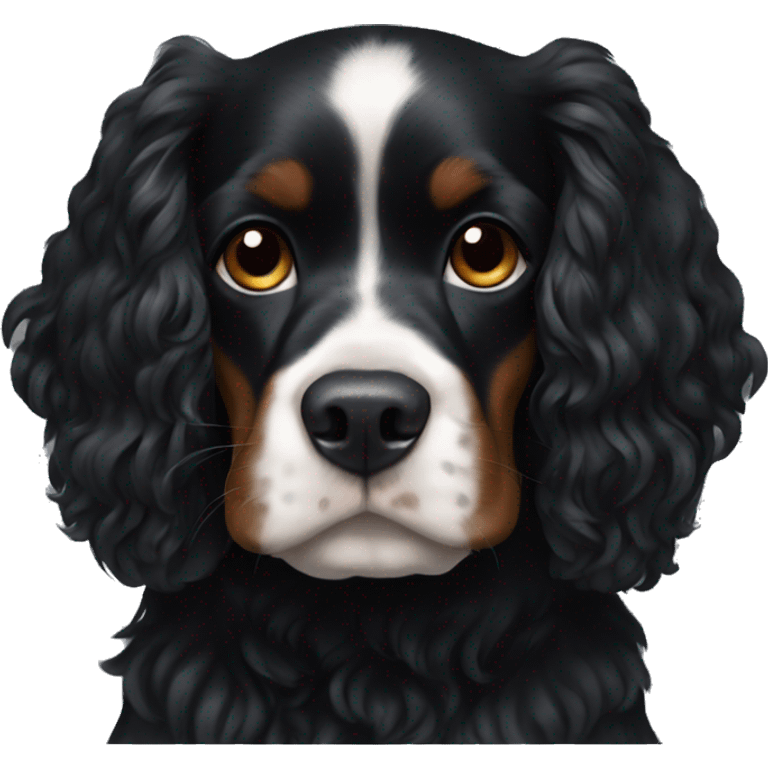 Small completely black king spaniel with black fur on his whole face and white stripe on chest emoji