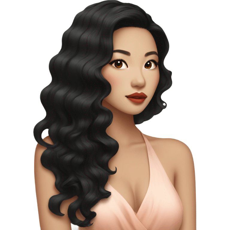 stunning asian woman black wavy hair, peachy lips emoji