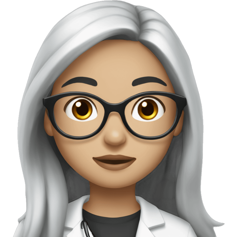  girl, with white skin tone, long black hair, wearing silver round harry potter glasses and a white scrub and a stethoscope  emoji