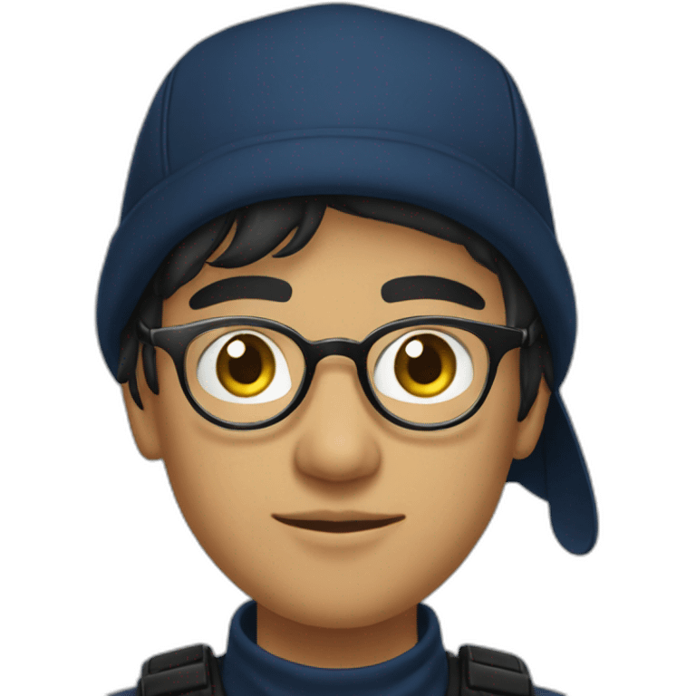 young algerian guy with dark blue smoking, thin gold transparent glasses, wearing black fishing hat with a scar on left cheek emoji