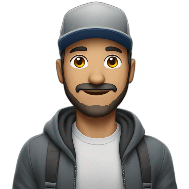 a Turkish man with a short beard and a snapback hat holding a big grey cat emoji