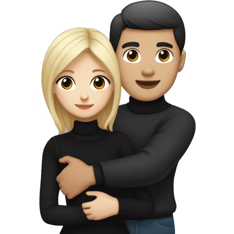 Blonde girl with blue eyes in black sweater and an east asian man with black hair and black eyes hugging emoji