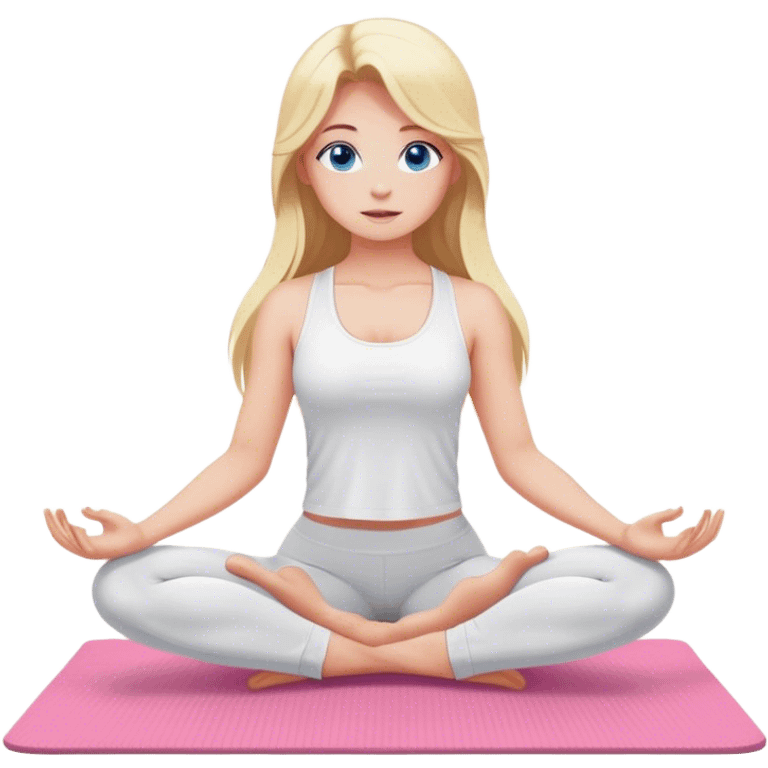 Cinematic realistic blonde with long hair and blue eyes, dressed in a white top and leggings, does yoga on a pink mat emoji