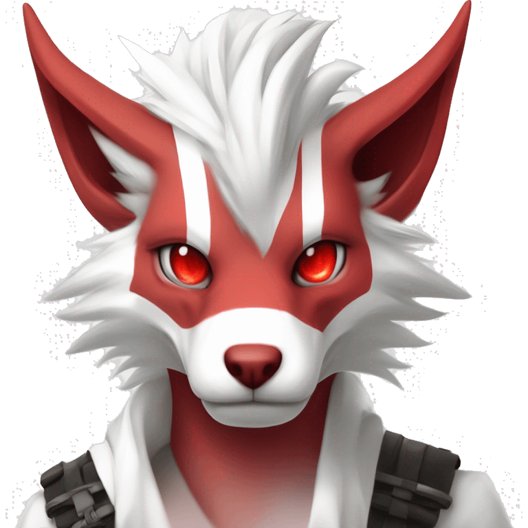 White edgy cute badass epic anthro modern albino sergal-vernid-Fakémon with red mane and red eyes, red stripes, red horns,  full body emoji