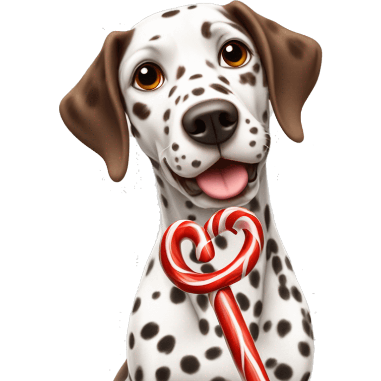 A brown Dalmatian holds a caramel Christmas candy cane in his mouth emoji