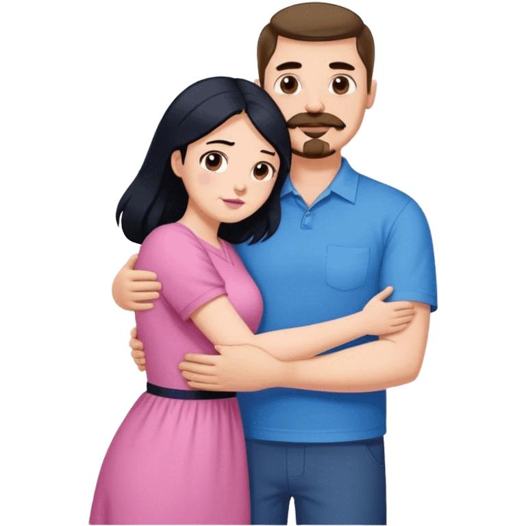 Tall strong white man with brown mustache goatee wearing blue hugging a chubby short pale woman with long black hair wearing pink emoji