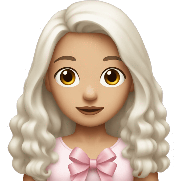 Girl with long white hair and brown eyes with a light pink bow holding a teddy bear  emoji