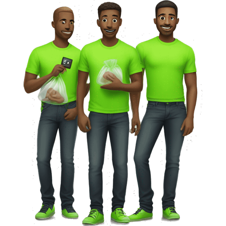 group of men in neon green shirts holding a small clear bag in one hand and a key in the other emoji