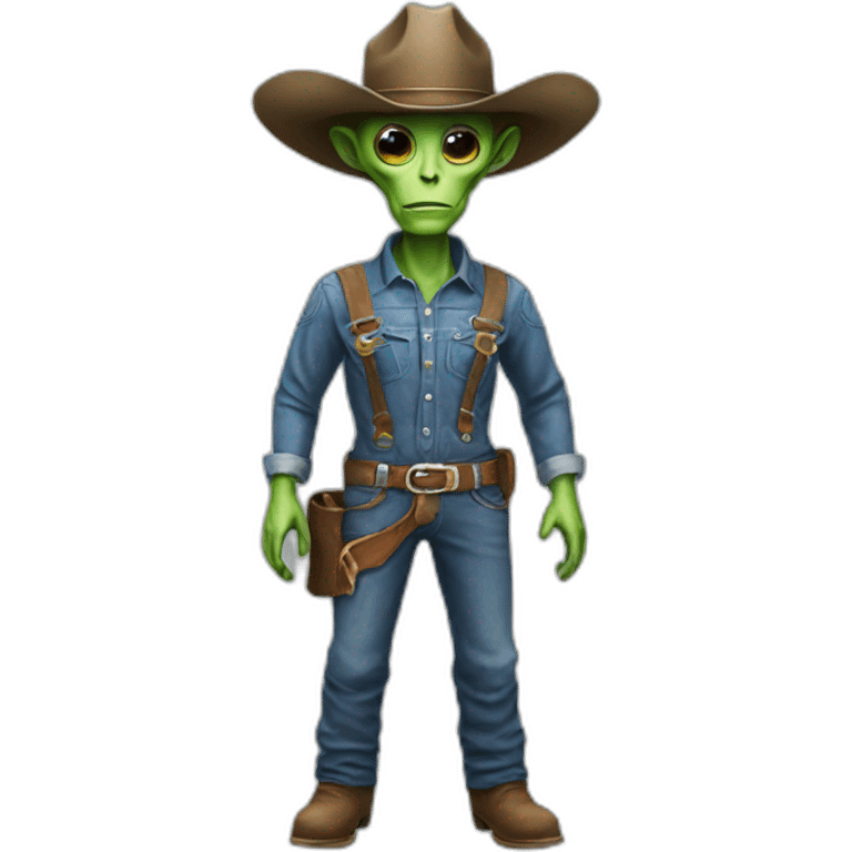 realistic alien wearing a cowboy hat and overalls emoji