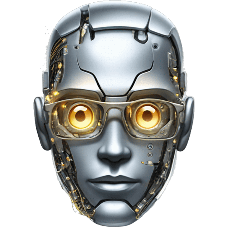 Male cyborg head with metallic plated face, flat top, glasses and circuits emoji