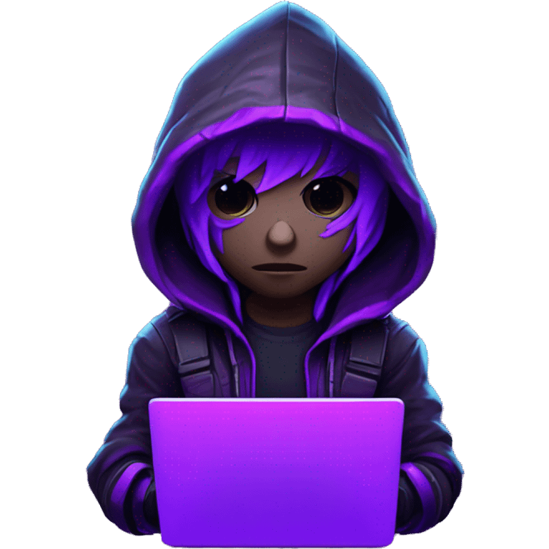 developer behind his laptop with this style : crysis Cyberpunk Valorant neon glowing bright purple character purple violet black hooded assassin themed character emoji