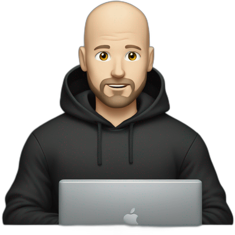 bald white man with a black beard typing on apple computer wearing a black hoodie emoji