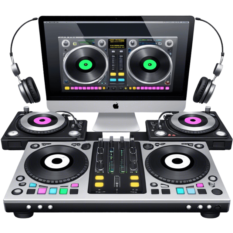 Create a professional and technical emoji that represents remixing music. The design should feature a high-end DJ controller, turntables with vinyl records, and a sound mixing console with faders to symbolize the technical aspects of remixing. Include elements like studio headphones and a laptop or digital audio workstation (DAW) screen to reflect the tools used in music production. Use colors like black, silver, and neon accents to convey the professional, high-tech nature of remixing. The background should be transparent. emoji