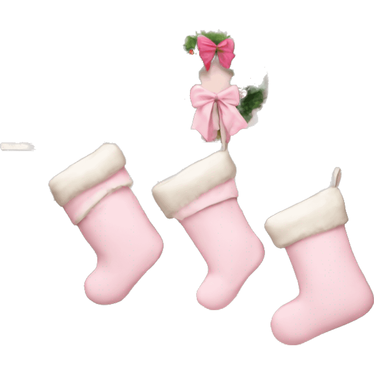 4 pale pink Christmas stockings hanging from a light brown fireplace mantle  emoji