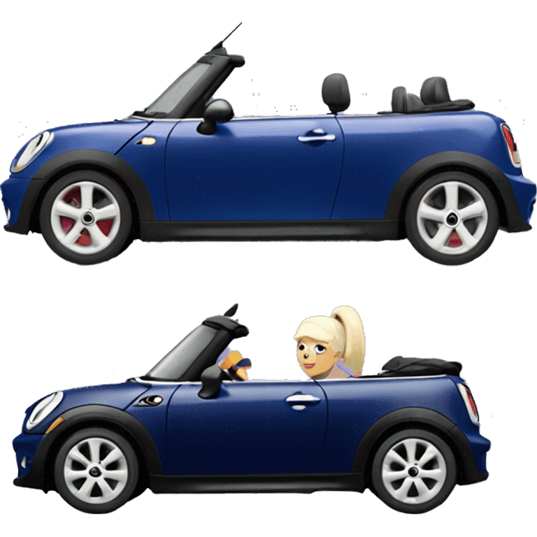 navy blue convertible Mini Cooper, with fair skinned short, lilac colored haired woman driving emoji